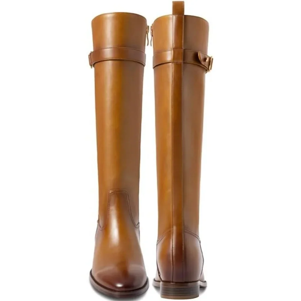 Women's 3/brown Flat Round Toe Low Heel Comfortable Side Zipper Knee High Boots